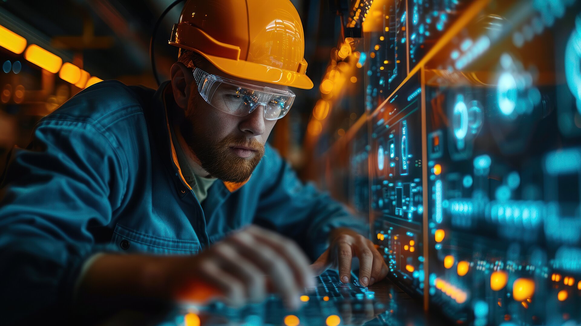 A technician wearing a hard hat works on a digital control panel, industrial automation, and Lenze drive technology