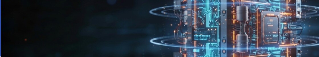3D visualization of an electronic control module with a printed circuit board structure, industrial automation, and drive technology