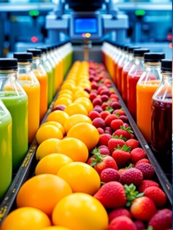 Conveyor belt in the food and beverage industry carrying fruit, juice bottles, and automated materials handling technology