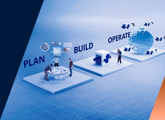 Two people wearing Lenze shirts in front of an industrial background. One is holding a tablet. In the foreground are blurred brown rectangles.