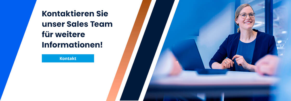 Bild mit einer am Laptop sitzenden Frau die l&auml;chelt und dem Text "Kontaktieren Sie unser Sales Team f&uuml;r weitere Informationen"