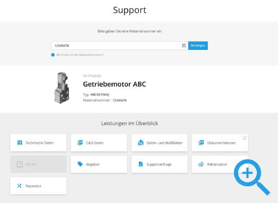Screenshot der Lenze Support-Webseite mit einer Produktabbildung und mehreren Schaltfl&auml;chen f&uuml;r Serviceoptionen