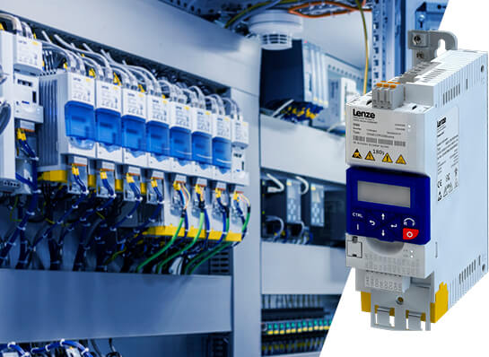 Several Lenze i550 cabinet drives in a control cabinet and a close-up of an i550 cabinet drive