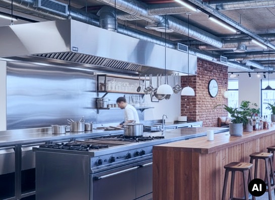Moderne Gro&szlig;k&uuml;che mit Edelstahl-Dunstabzugshaube, K&uuml;chenl&uuml;ftungssystem und energieeffizienter Luftstromtechnologie.