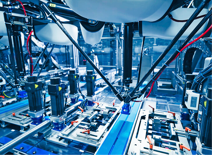 Multi-axis robot cell in an automated packaging line on the production floor.