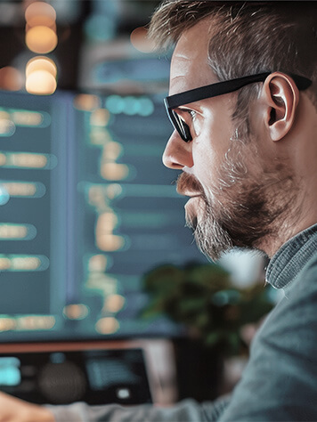 Männliche Person vor unscharfen Bildschirmen im Hintergrund